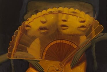 an abstracted painting composition of a fan with four faces merged with it or behind it, set against a dark background