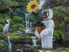 an astronaut brings a potted sunflower to a waterfall with a stork