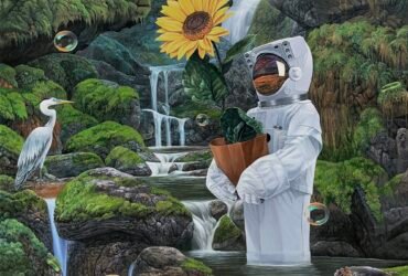 an astronaut brings a potted sunflower to a waterfall with a stork