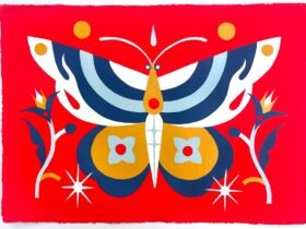 a blue, white, and yellow butterfly on bright red