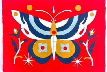 a blue, white, and yellow butterfly on bright red