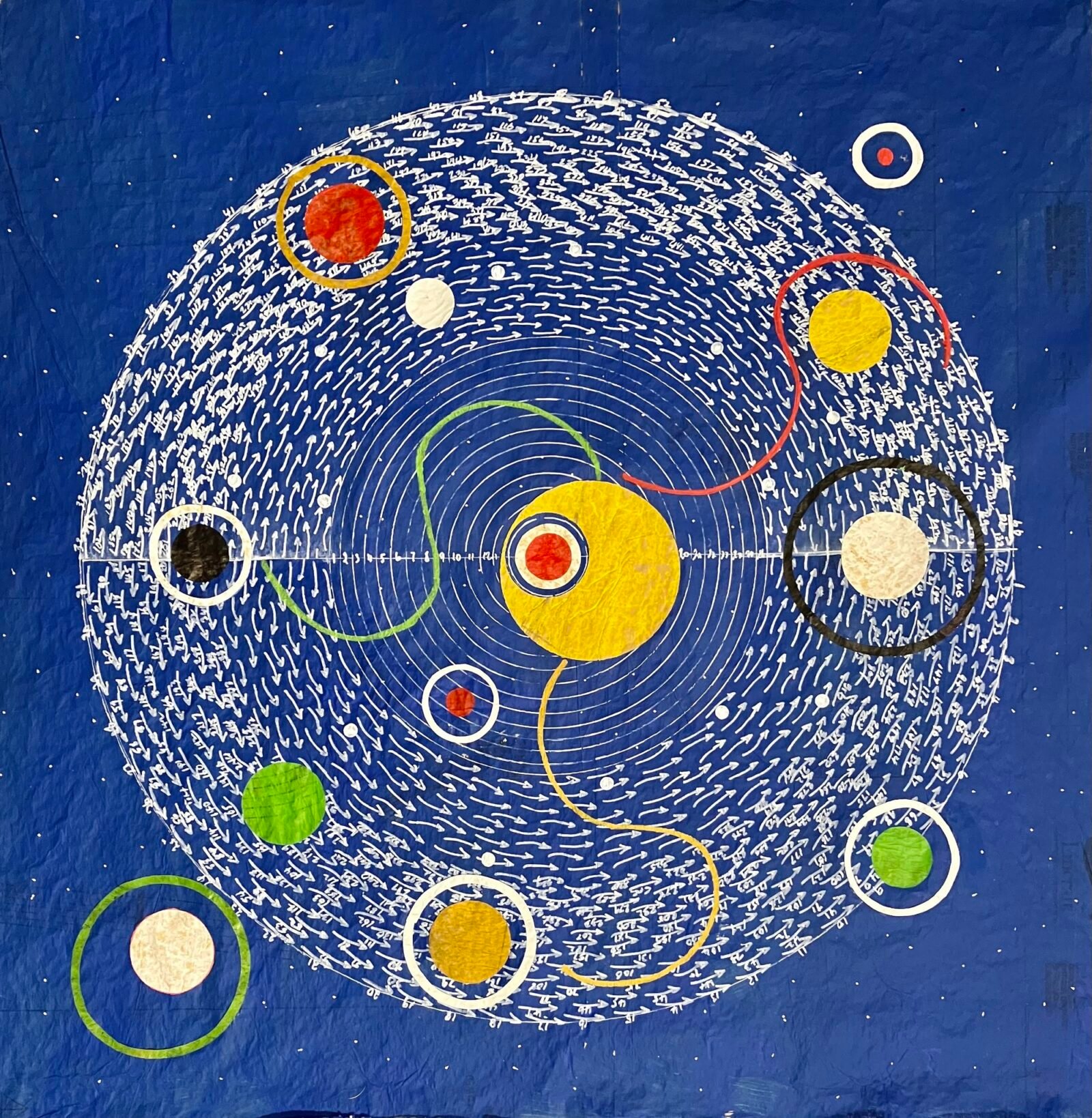 a geometric artwork of colorful circles on a blue background