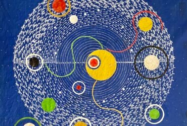 a geometric artwork of colorful circles on a blue background
