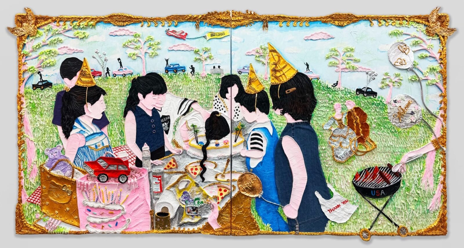a horizontal mixed-media painting of figures in a landscape