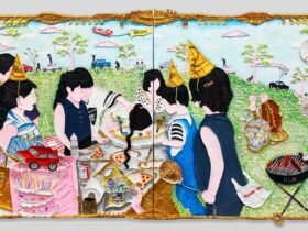 a horizontal mixed-media painting of figures in a landscape
