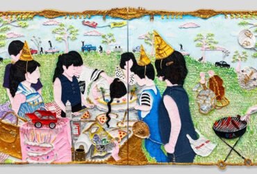 a horizontal mixed-media painting of figures in a landscape