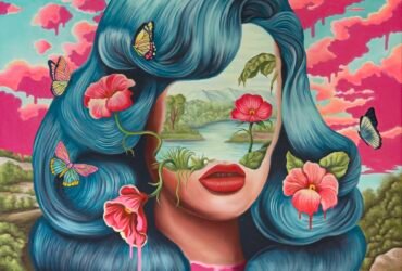 a surreal oil painting of a portrait of a woman with blue hair, a landscape in place of her face, and flowers in her hair