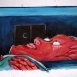 a red figure lays awake in bed, staring up at the ceiling