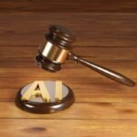 Wooden gavel with brass engraving band and golden alphabets AI on a round wood sound block. Illustration of the concept of legislation of artificial intelligence act and rules