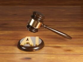 Wooden gavel with brass engraving band and golden alphabets AI on a round wood sound block. Illustration of the concept of legislation of artificial intelligence act and rules