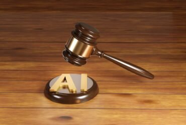 Wooden gavel with brass engraving band and golden alphabets AI on a round wood sound block. Illustration of the concept of legislation of artificial intelligence act and rules