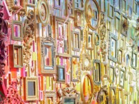 a detail of an assemblage made from tapestry elements and dozens of picture frames