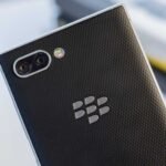 The back of a BlackBerry phone showing the iconic logo