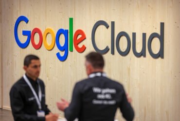 The Google Cloud logo at their booth at the Hannover Messe 2024 trade fair in Hannover, Germany, on Monday, April 22, 2024. German Chancellor Olaf Scholz is optimistic on his country's economic prospects, citing record employment and slowing inflation thanks to falling energy costs. Photographer: Krisztian Bocsi/Bloomberg via Getty Images