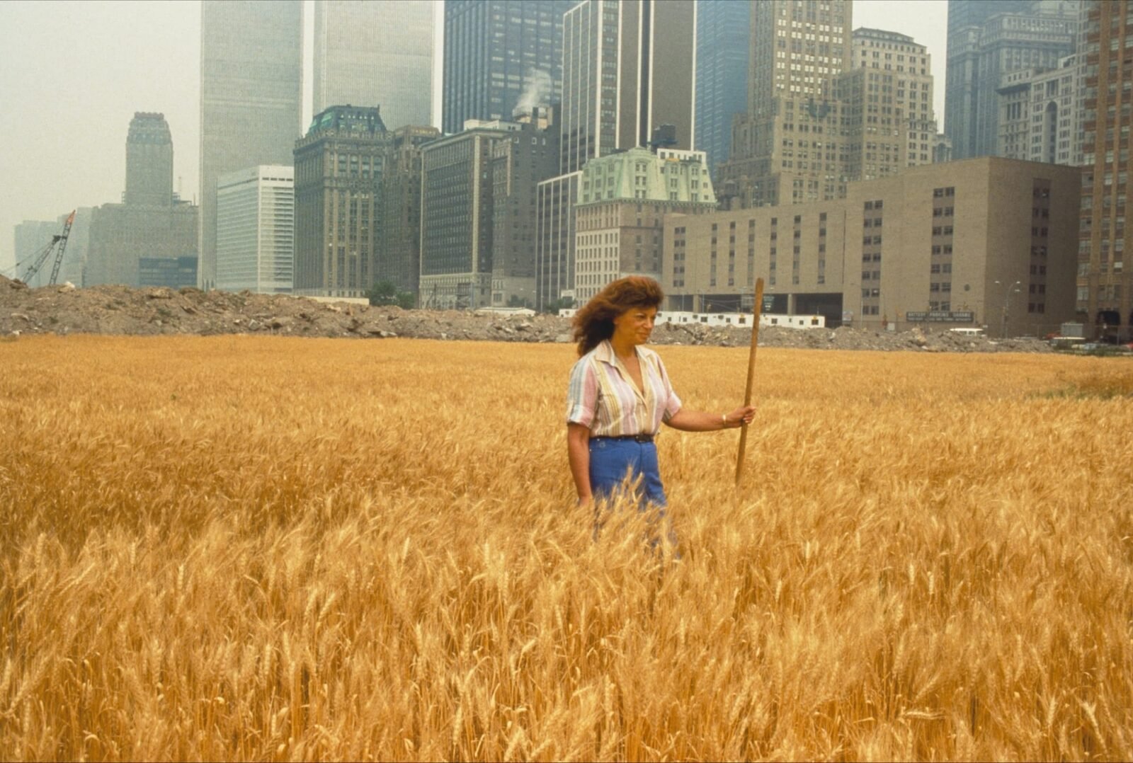 a woman in a field of wheat in front of a cityscape
