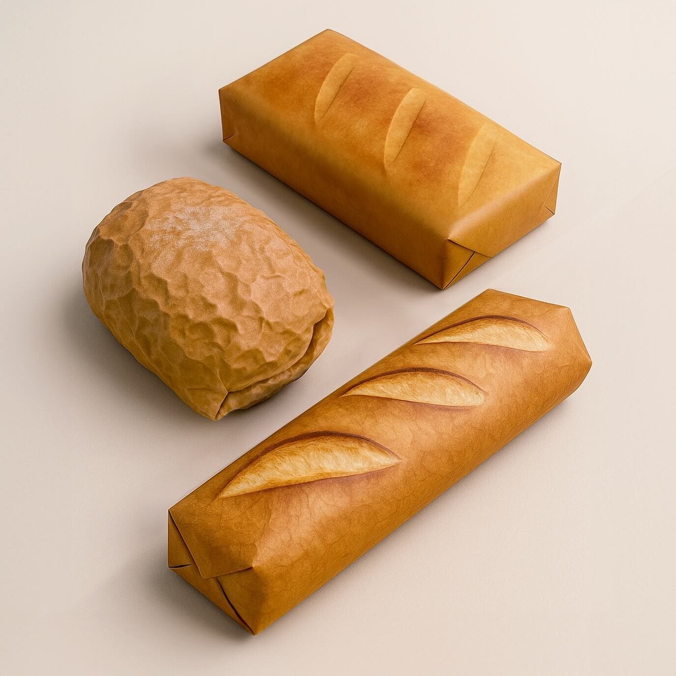 three gifts wrapped in paper with a realistic printed bread design. they resemble loaves