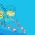 This illustration shows numbered balls emerging from two side by side metal cage ball tumblers, like those used to pick Bingo letters.