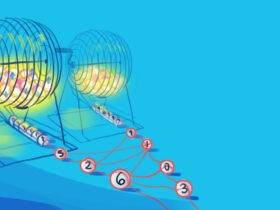 This illustration shows numbered balls emerging from two side by side metal cage ball tumblers, like those used to pick Bingo letters.
