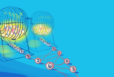 This illustration shows numbered balls emerging from two side by side metal cage ball tumblers, like those used to pick Bingo letters.