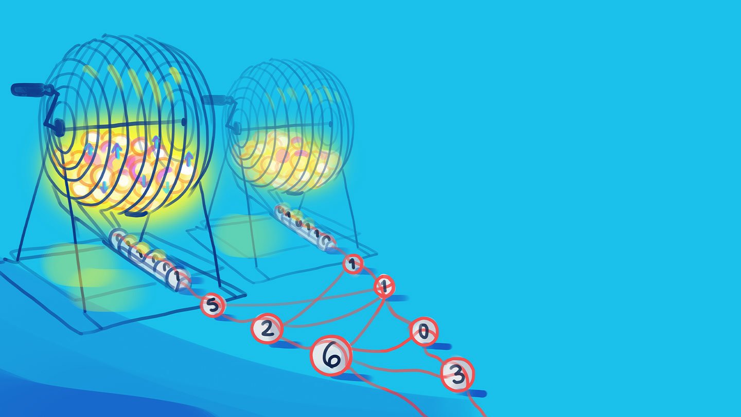 This illustration shows numbered balls emerging from two side by side metal cage ball tumblers, like those used to pick Bingo letters.