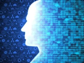 Man looking at big data represented by binary code and data symbols like graphs.
