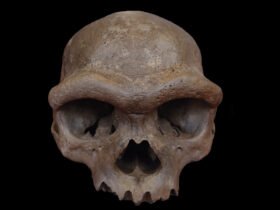 A skull with a thick ridge over its eye sockets is shown face-forward on a black background.